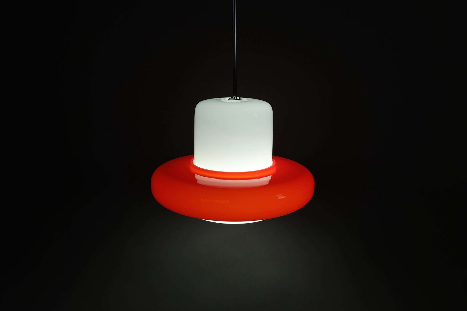 1960s Opaline Glass Pendant Lamp | Mid Century Modern Lighting | Retro Red White Ceiling Light | Czechoslovakian Vintage Decor photo furniture