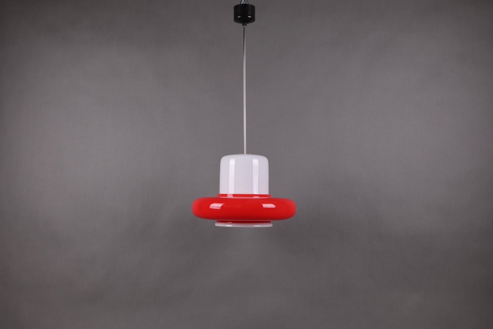 1960s Opaline Glass Pendant Lamp | Mid Century Modern Lighting | Retro Red White Ceiling Light | Czechoslovakian Vintage Decor photo 439.0