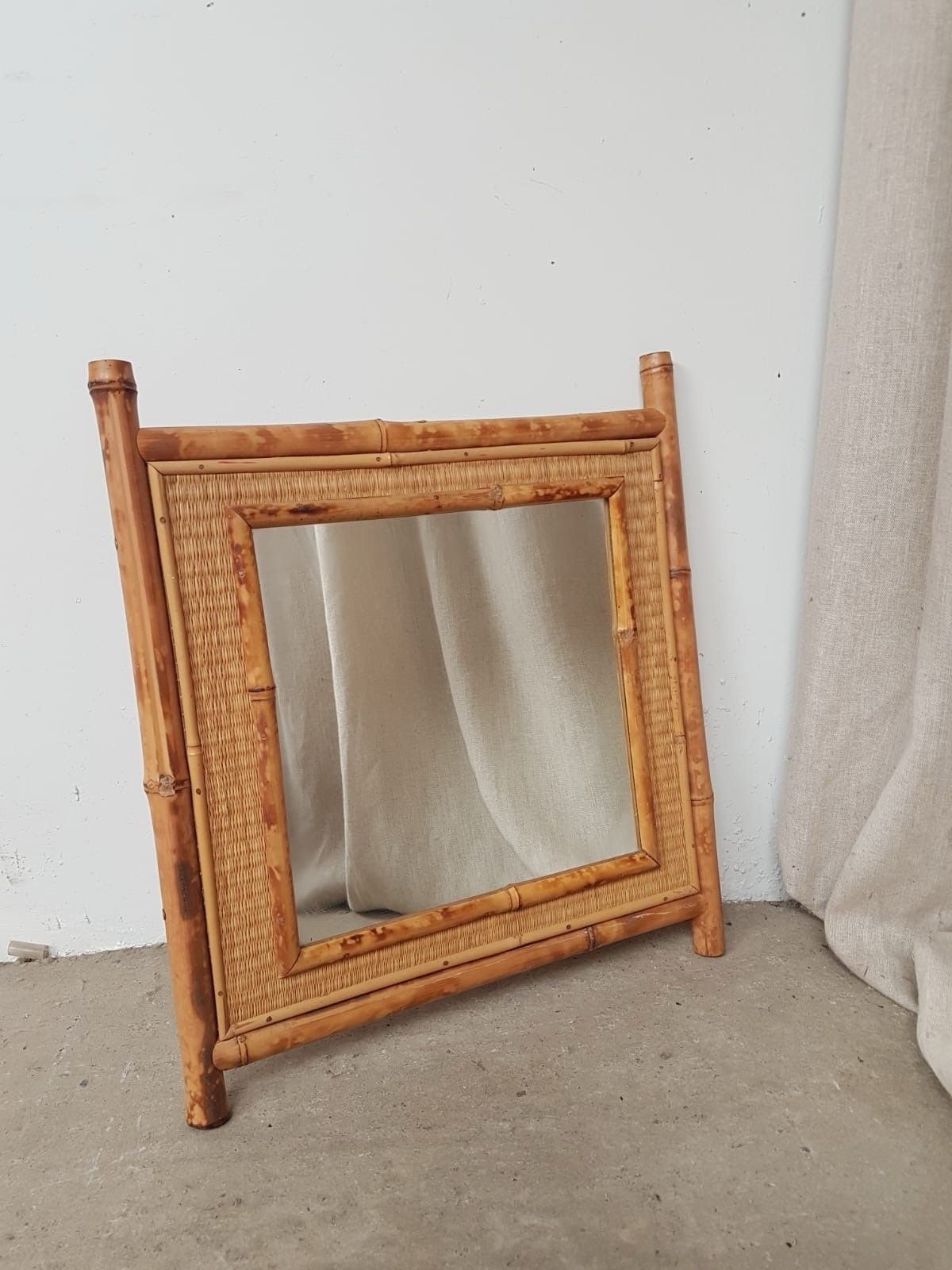 Vtg Mid Century Tiki Bamboo Wicker Boho Wall Hallway Mirror Retro R843 photo furniture