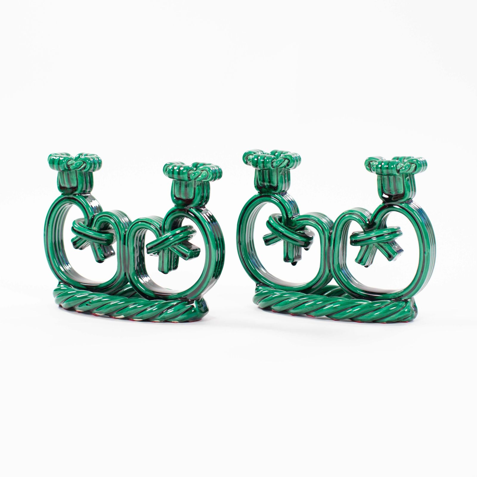 Pair Of French Art Déco Ceramic Candlesticks In Fir Green Cord Look 1930s photo for sale