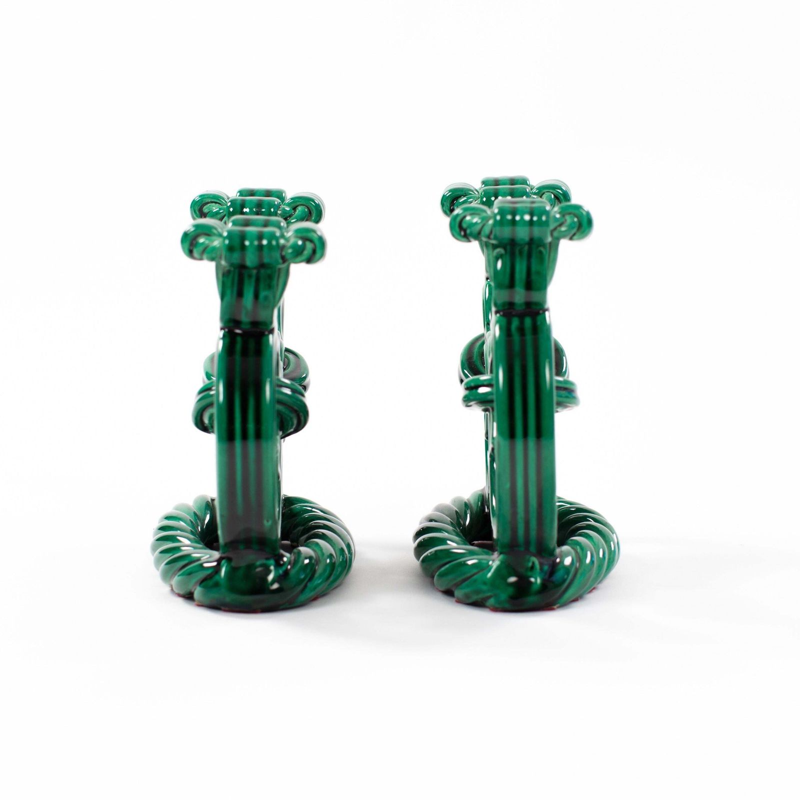 Pair Of French Art Déco Ceramic Candlesticks In Fir Green Cord Look 1930s photo 1336.0