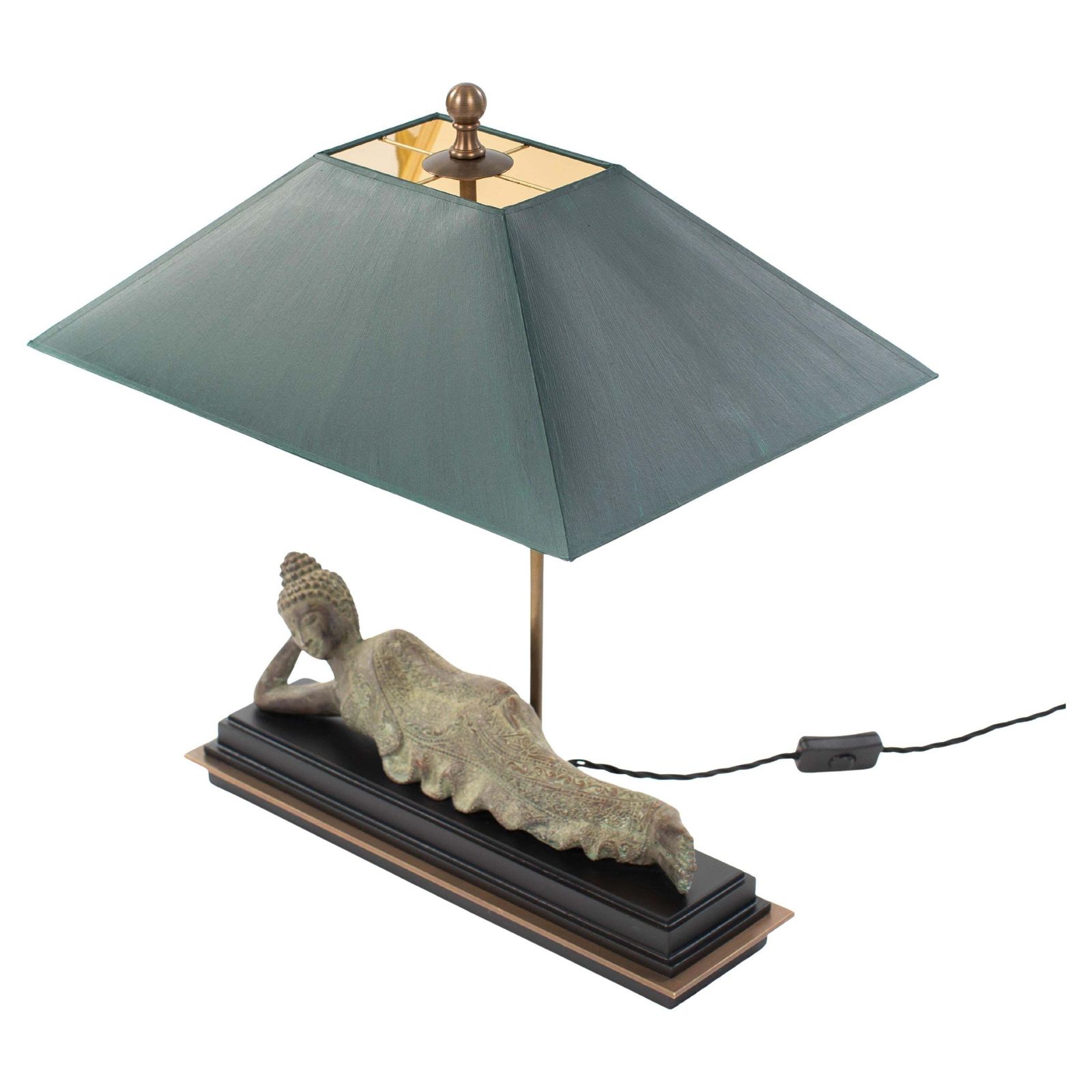 Asian Figural Bronze Table Lamp Of A Lying Buddha With Green Shade Myanmar 1920s