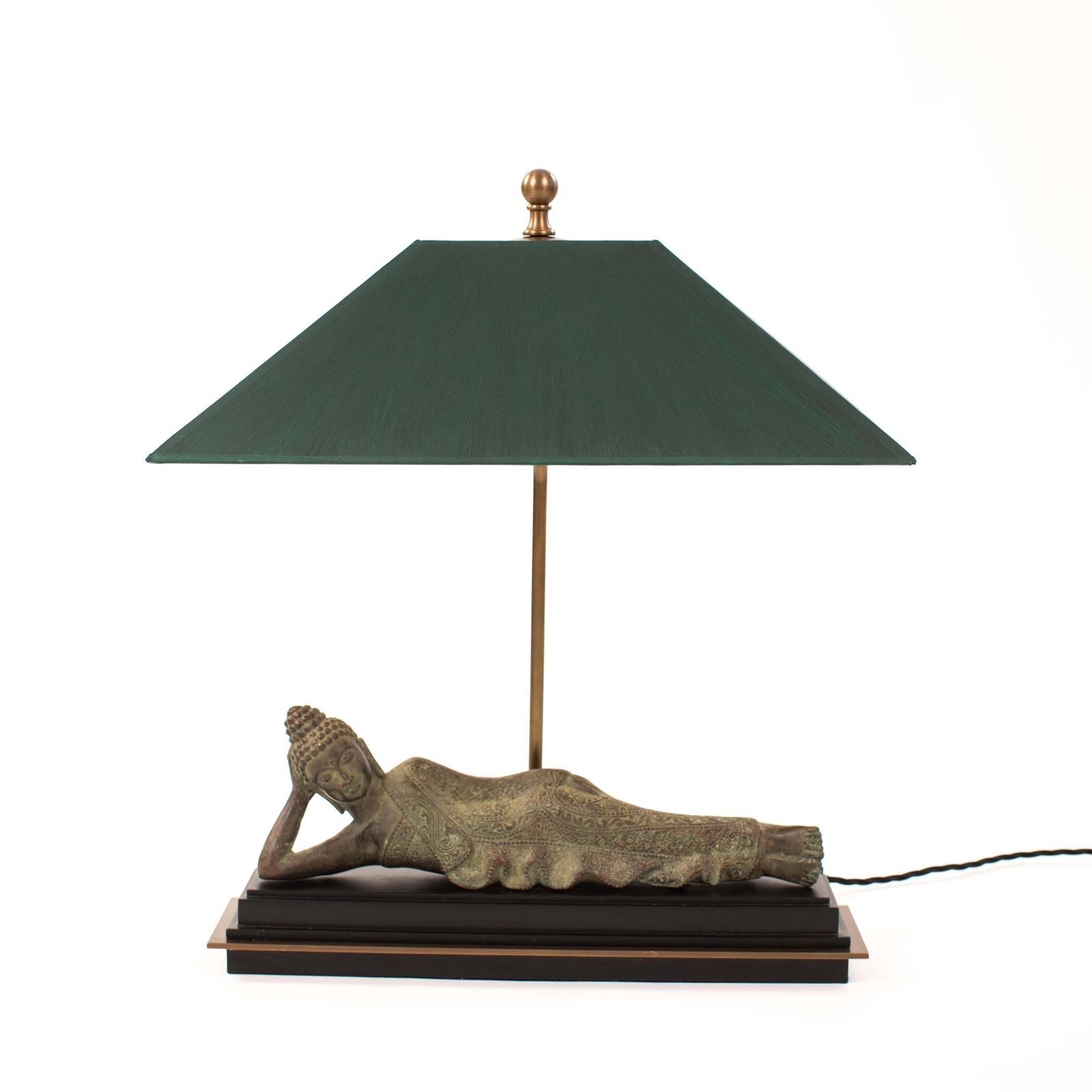 Asian Figural Bronze Table Lamp Of A Lying Buddha With Green Shade Myanmar 1920s photo furniture