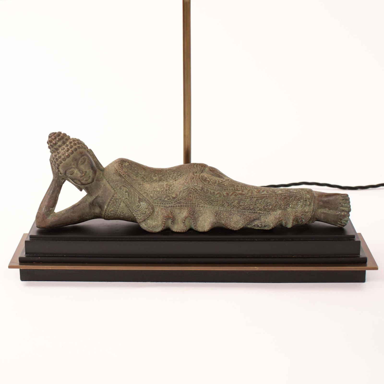 3598.0 Asian Figural Bronze Table Lamp Of A Lying Buddha With Green Shade Myanmar 1920s photo