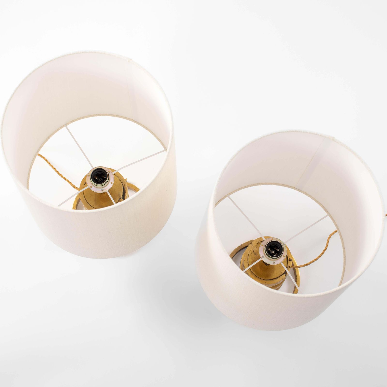 photo for sale Pair Of Mid Century Turned Brass Table Lamps Silk Shade By Luciano Frigerio 1960