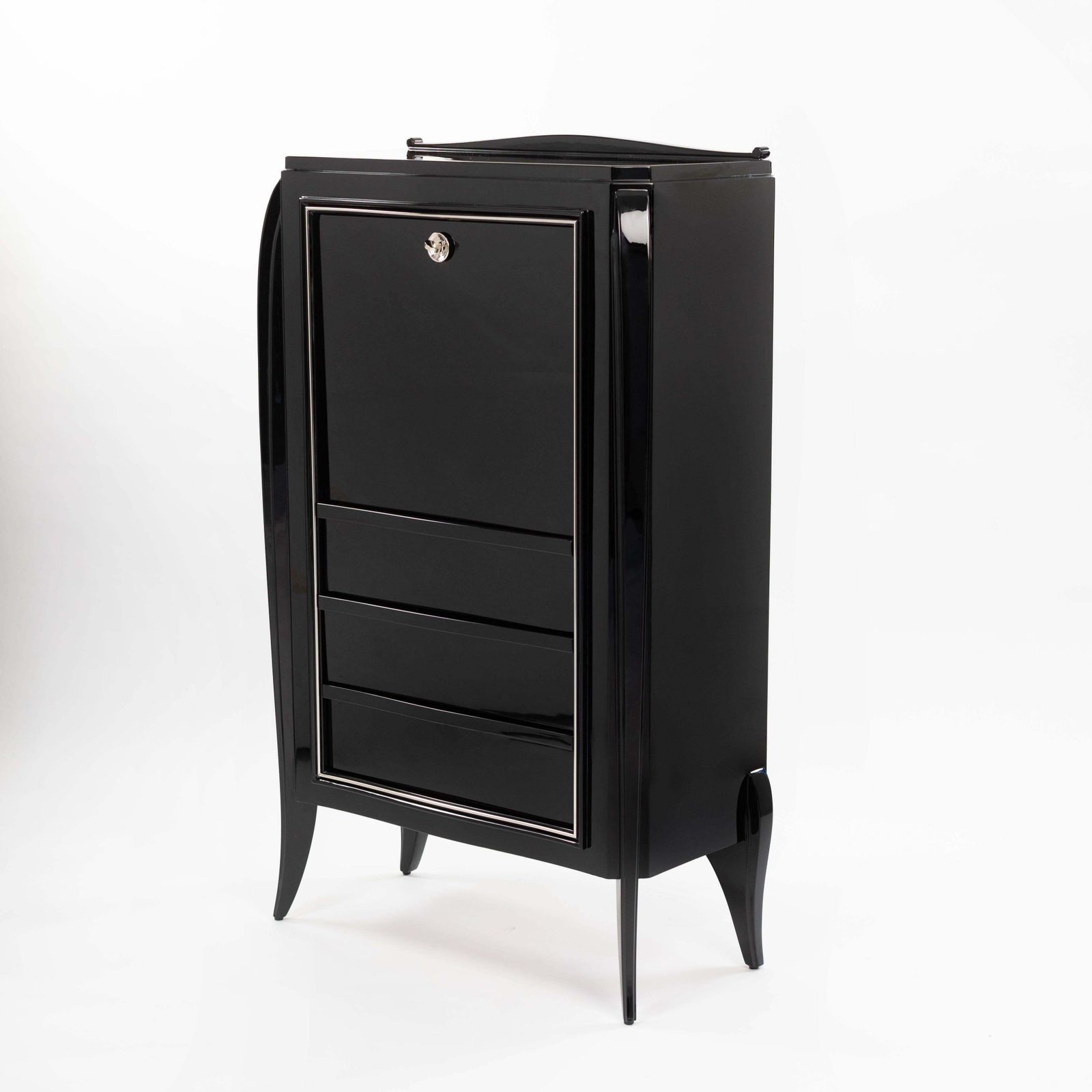 French Art Déco Secretaire Black High Gloss Lacquer Nickel Plated Fittings 1925 photo for sale