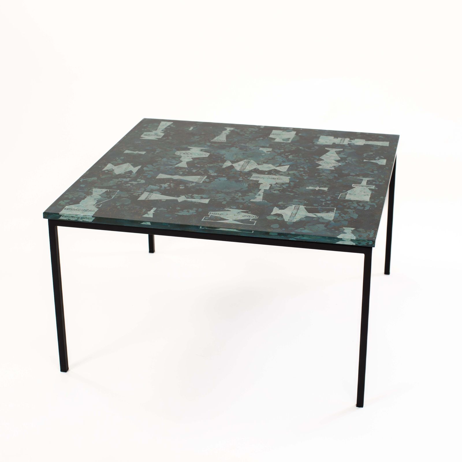Italian Mid Century Sofa Table Abstract Decor In Turquoise Green Gold Glass Top photo 4112.0
