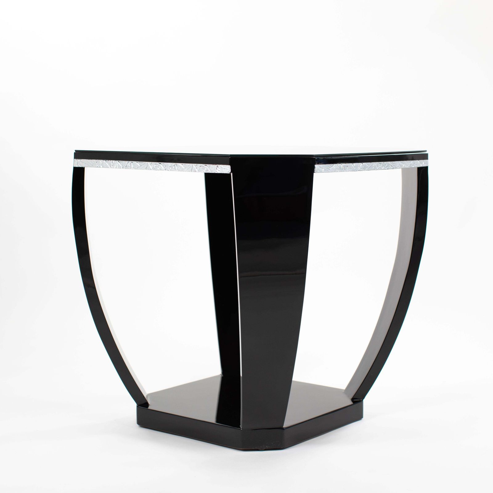 French Art Déco Gueridon Black High Gloss Lacquer Silver Plated Carvings 1920s photo Furniture