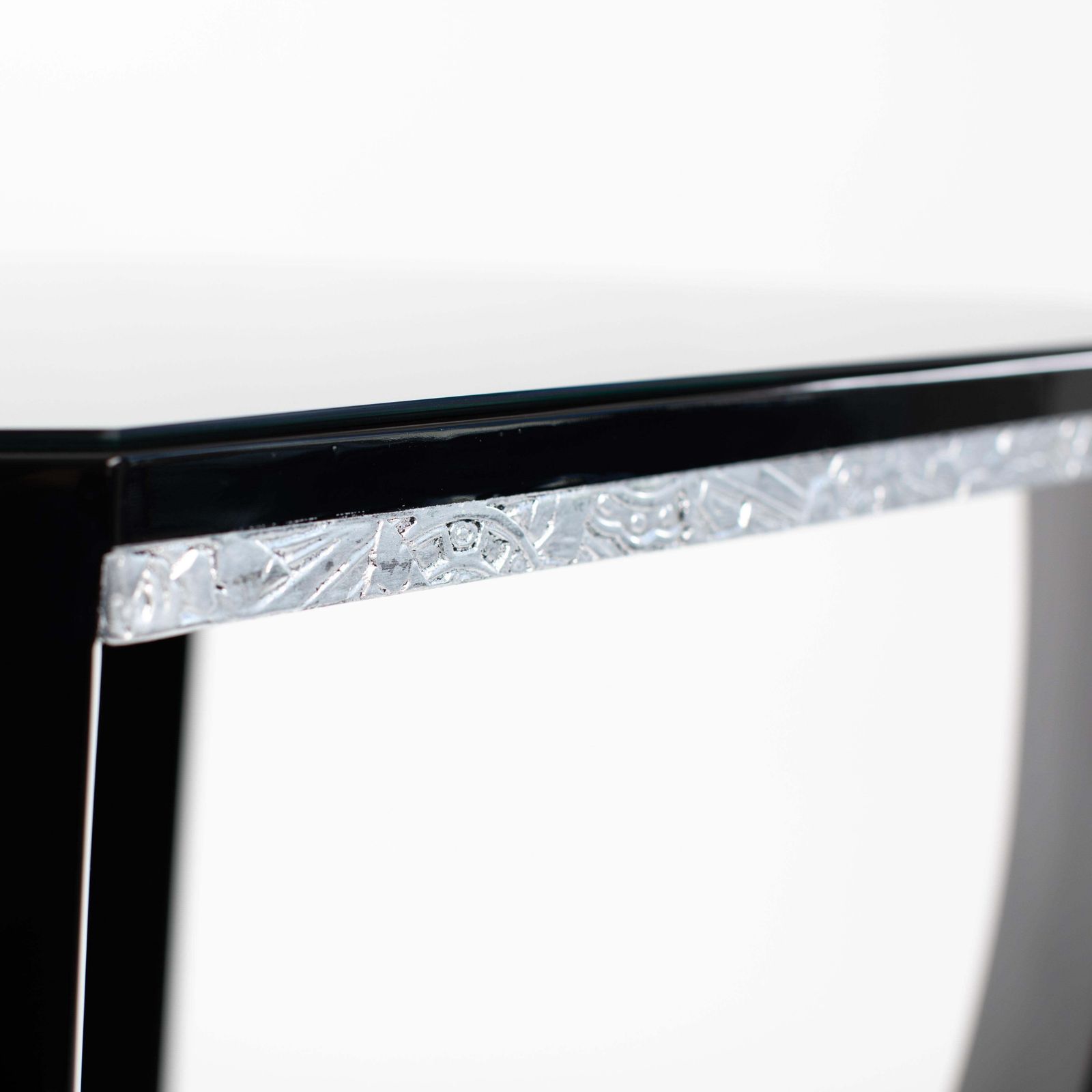 Furniture French Art Déco Gueridon Black High Gloss Lacquer Silver Plated Carvings 1920s photo