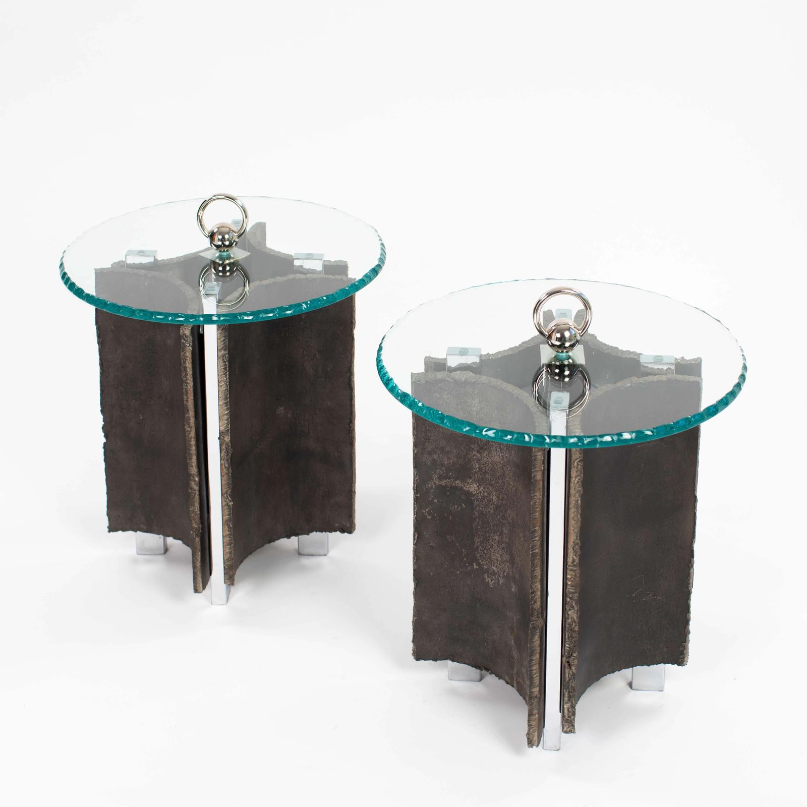 Mid Century Italian Brutalist Side Tables Iron Glass Nickel By Banci, Florence photo for sale