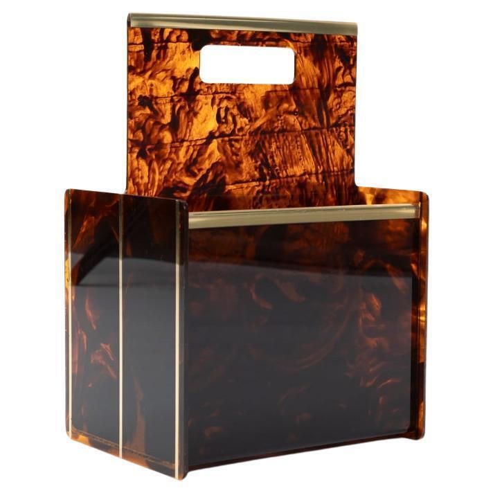 French Elegante Mid Century Lucite Brass Magazine Rack By Maison Dior 1970s