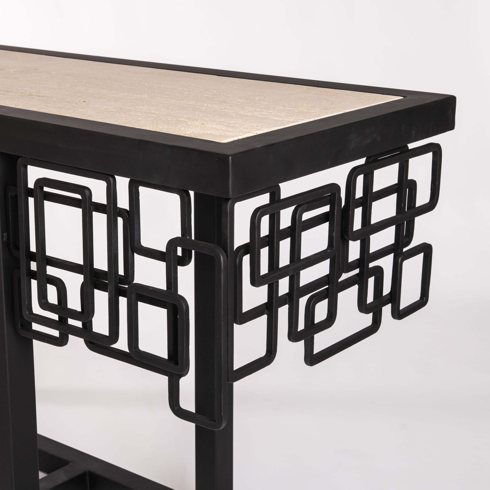 Italian Mid Century Iron/Travertine Console Table Abstract Geometric Design 70s photo vinterior