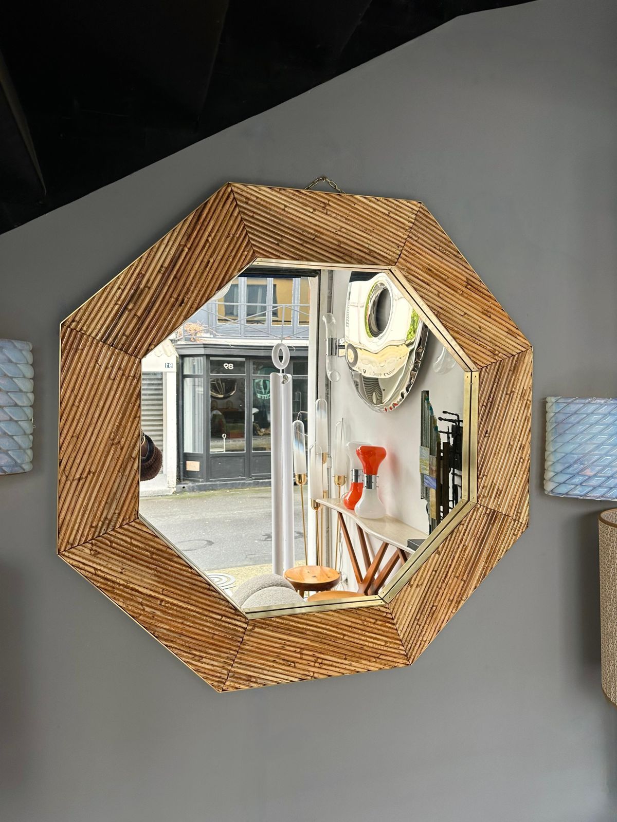 Rattan And Brass Octogonal Wall Mirror By Vivai Del Sud. Italy, 1970s photo buy