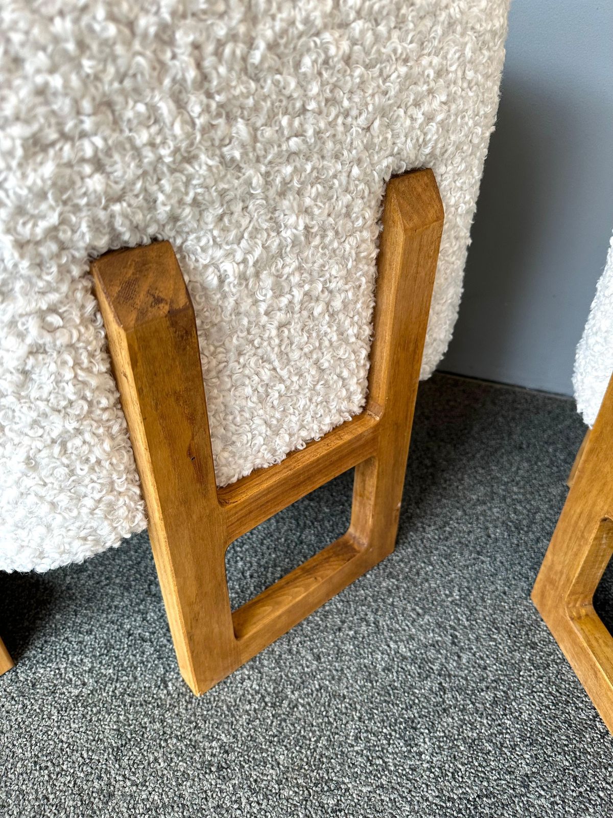 Furniture Contemporary Pair Of Wood Stools And Bouclé Fabric. Italy photo