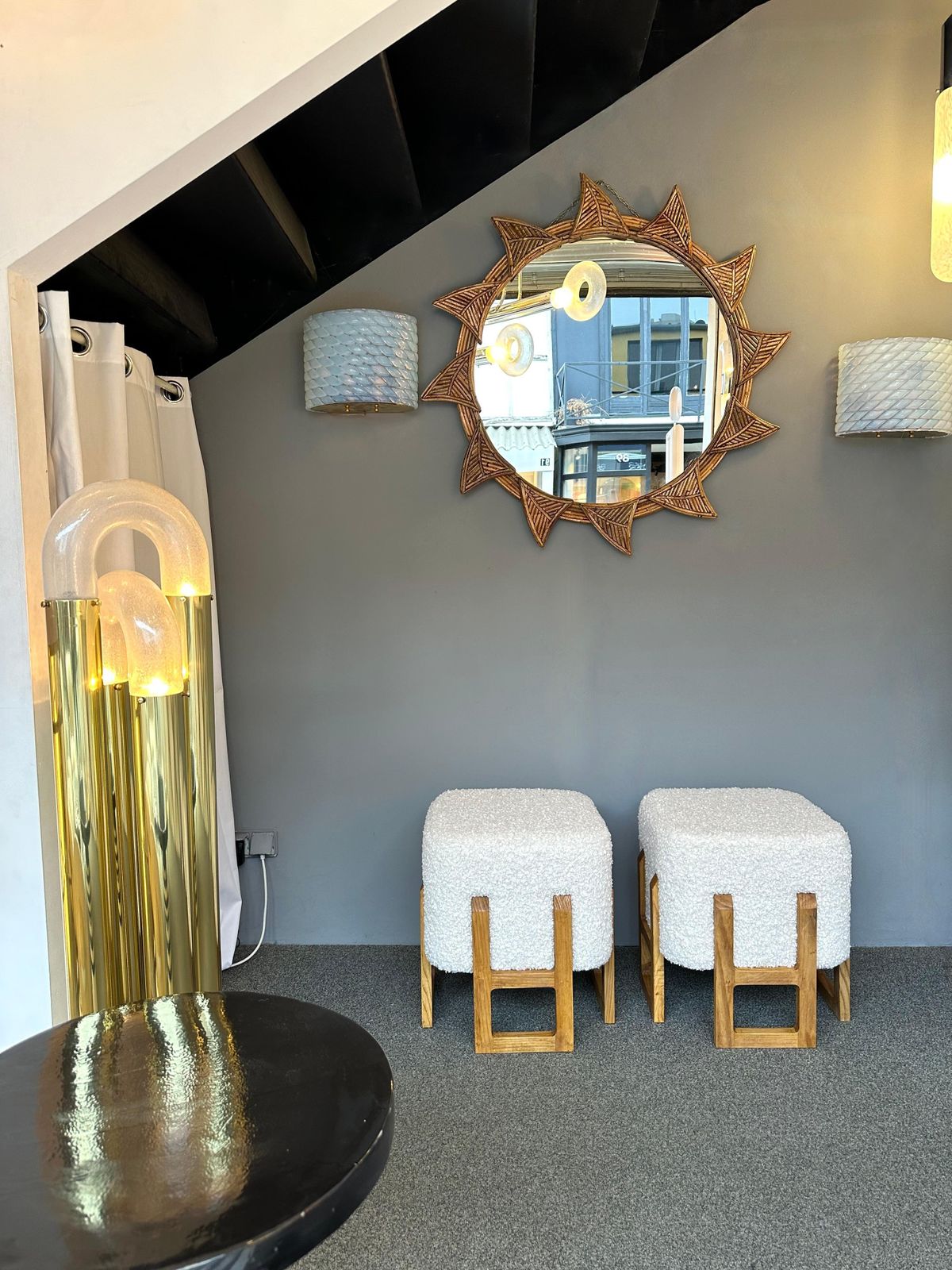photo vinterior Contemporary Pair Of Wood Stools And Bouclé Fabric. Italy