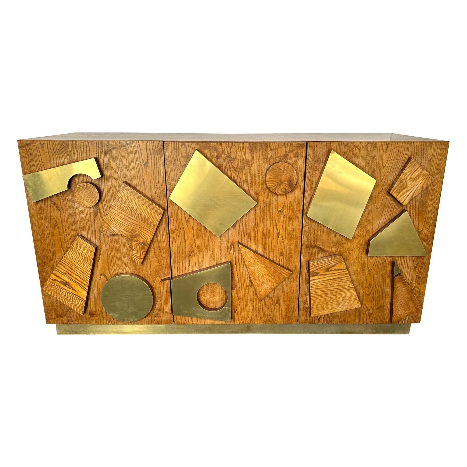 Contemporary Geometrical Wood And Brass Sideboard, Italy