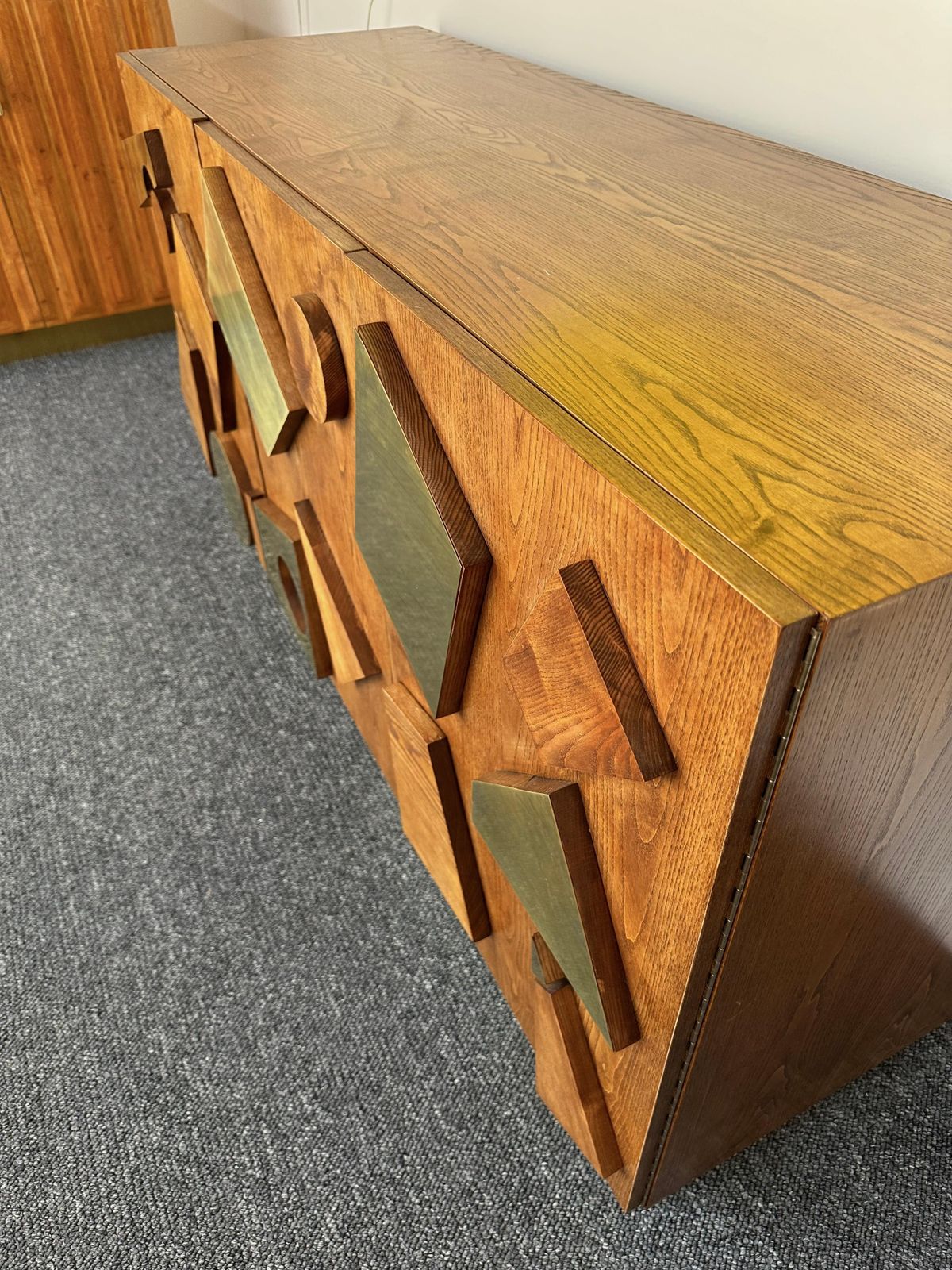 Contemporary Geometrical Wood And Brass Sideboard, Italy photo vintage
