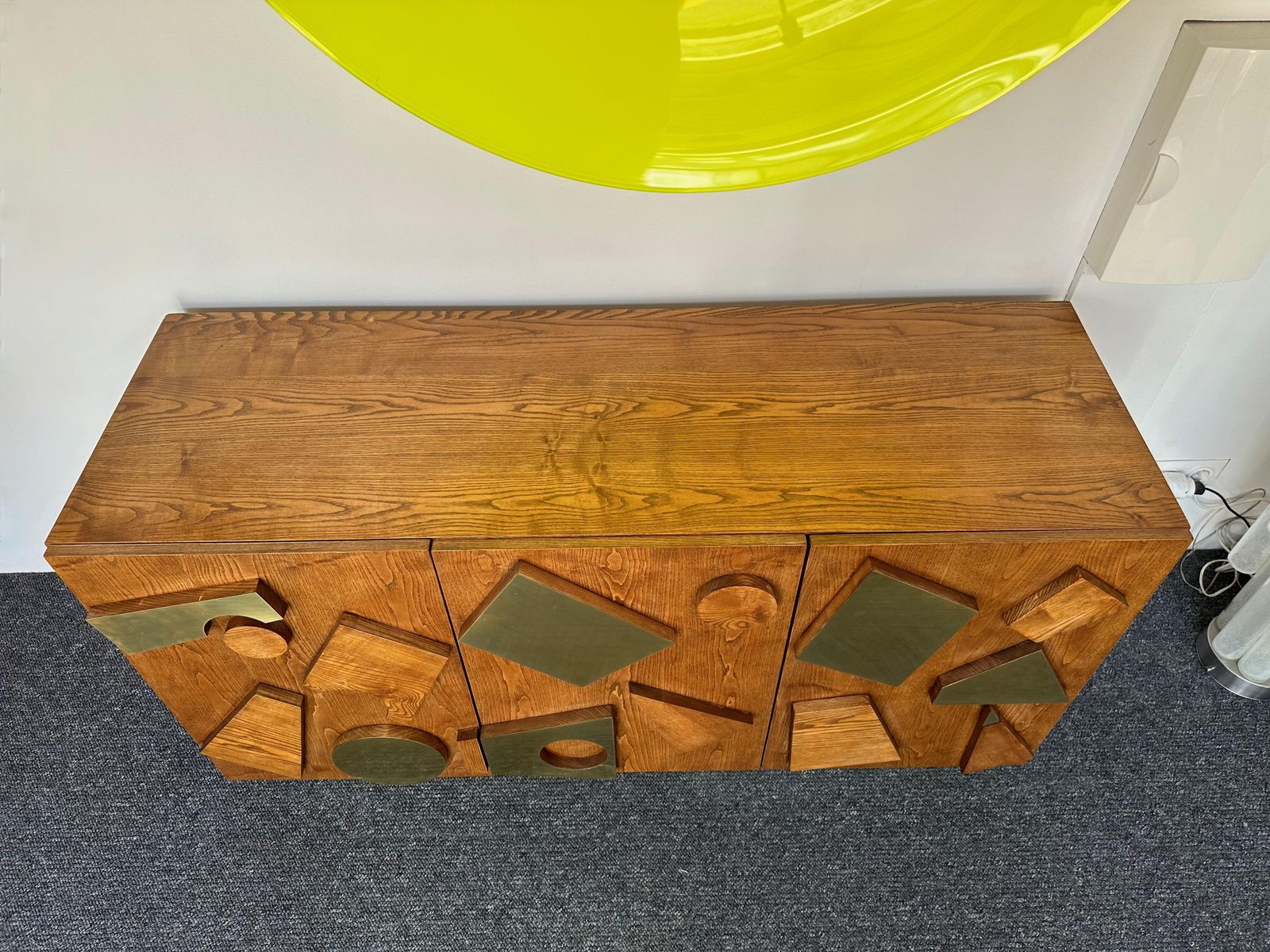 photo for sale Contemporary Geometrical Wood And Brass Sideboard, Italy