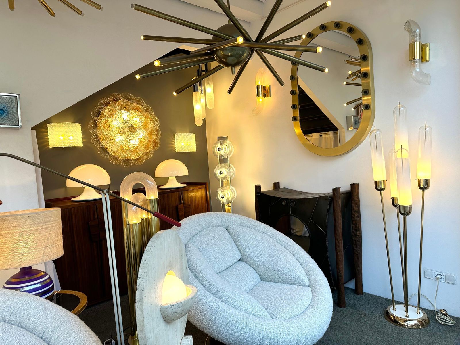 Mid Century Modern Brass Reed Floor Lamp Murano Glass By Mazzega, Italy, 1970s photo furniture