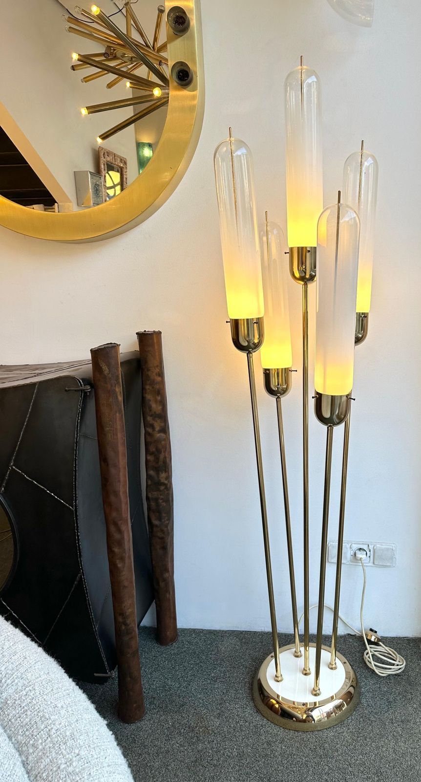 Lighting Mid Century Modern Brass Reed Floor Lamp Murano Glass By Mazzega, Italy, 1970s photo