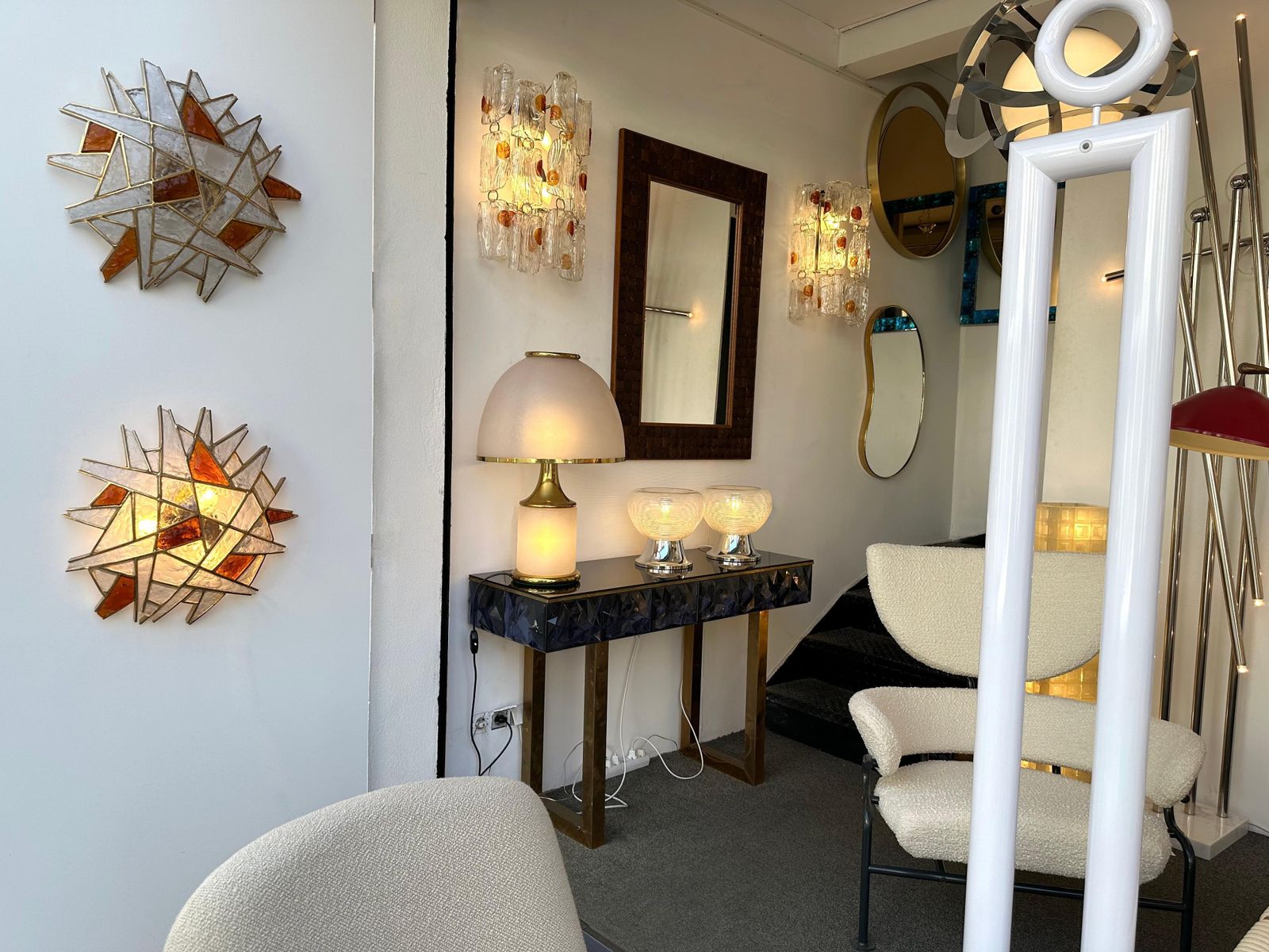 Large Pair Of Hammered Glass Gilt Wrought Iron Sconces By Longobard, Italy 1970s photo furniture