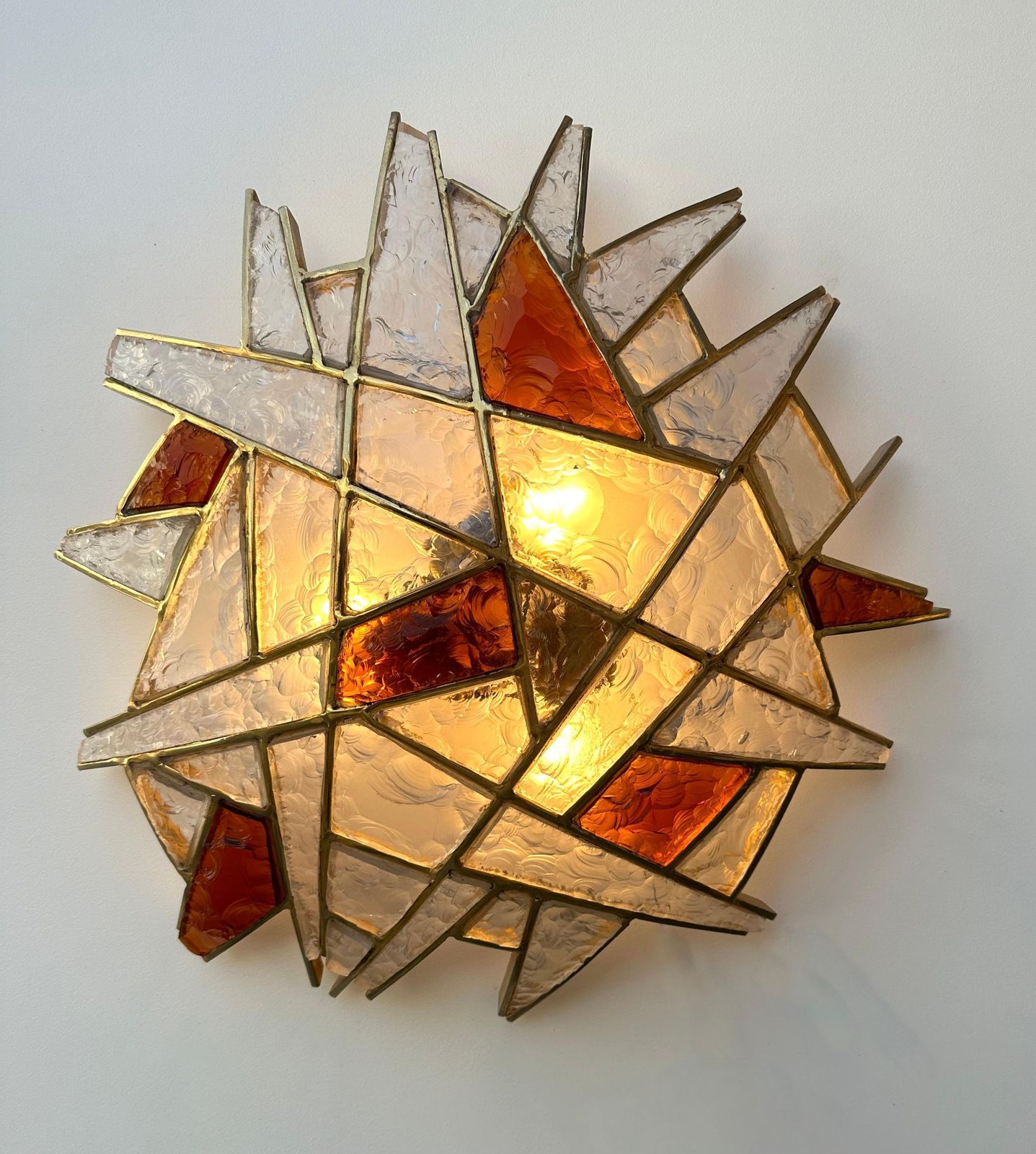 Large Pair Of Hammered Glass Gilt Wrought Iron Sconces By Longobard, Italy 1970s photo for sale