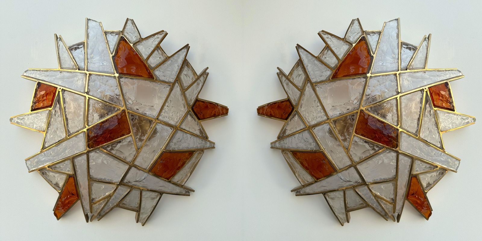 Large Pair Of Hammered Glass Gilt Wrought Iron Sconces By Longobard, Italy 1970s photo buy