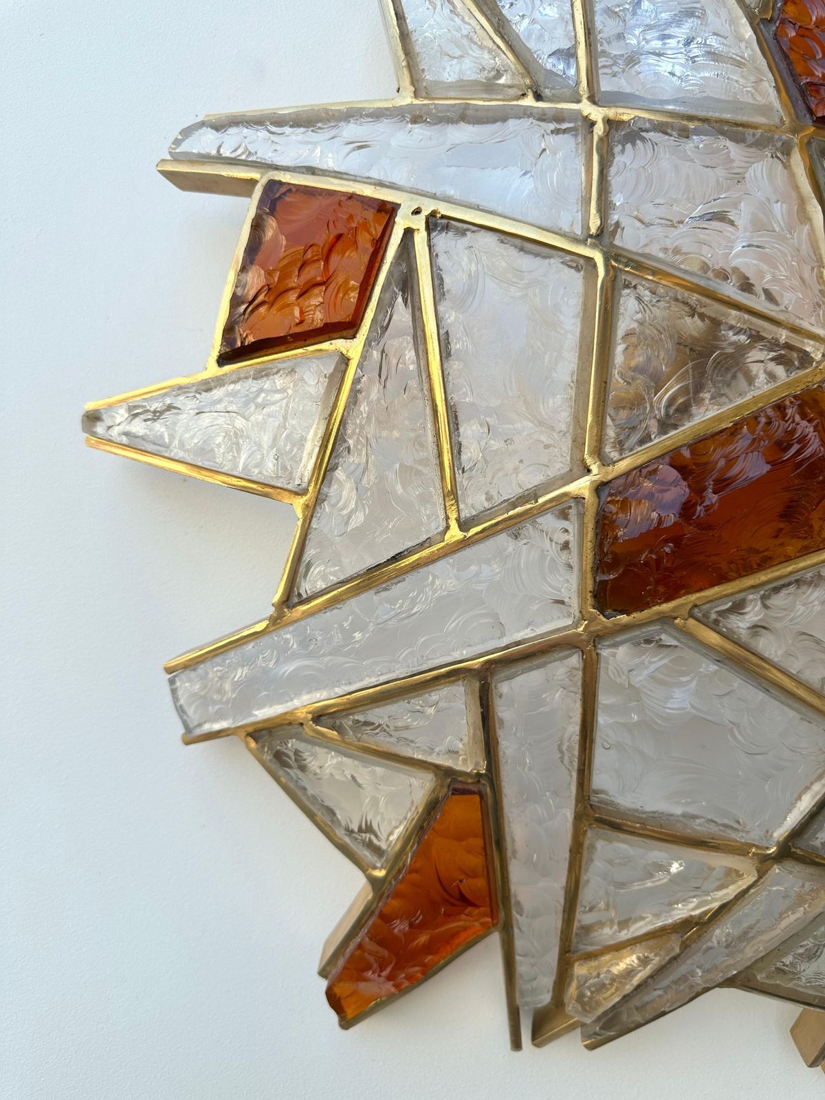 Large Pair Of Hammered Glass Gilt Wrought Iron Sconces By Longobard, Italy 1970s photo vintage