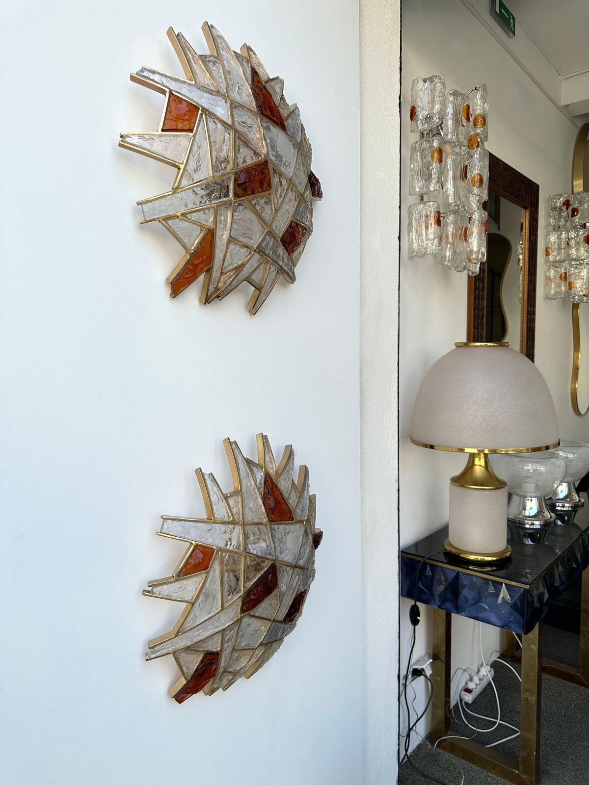Lighting Large Pair Of Hammered Glass Gilt Wrought Iron Sconces By Longobard, Italy 1970s photo