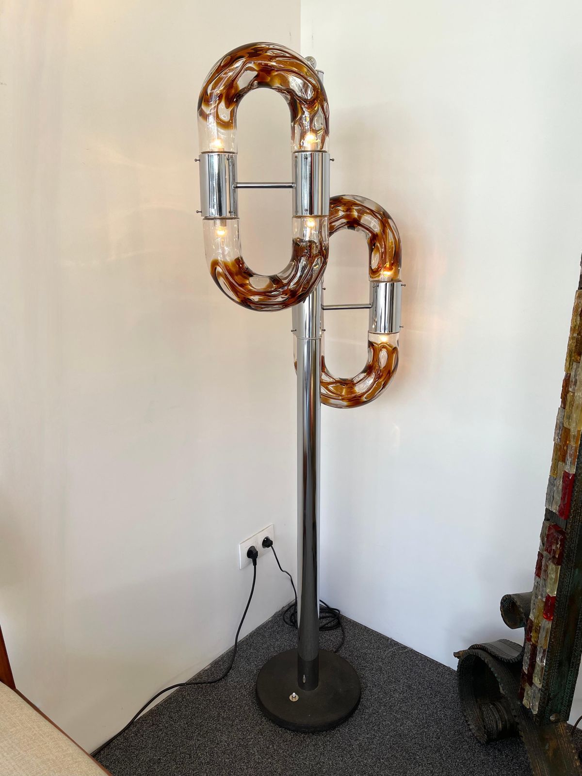 Floor Lamp Metal Chrome Murano Glass By Aldo Nason For Mazzega, Italy, 1970s photo for sale