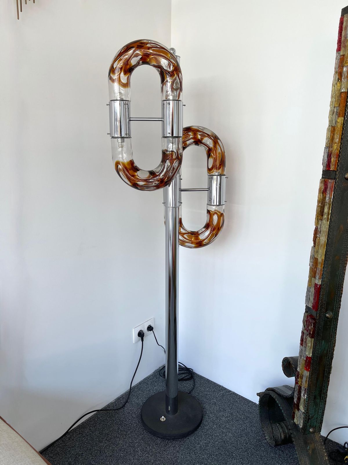 photo vinterior Floor Lamp Metal Chrome Murano Glass By Aldo Nason For Mazzega, Italy, 1970s
