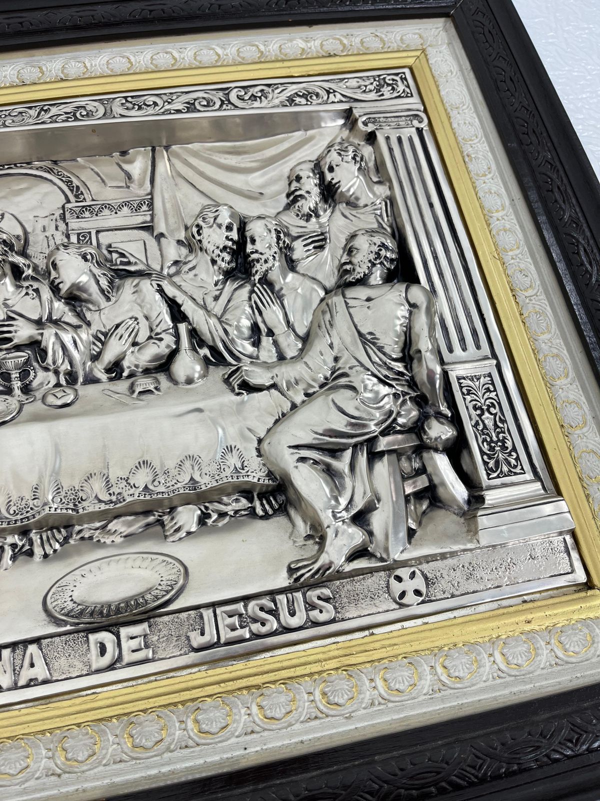 Large "Ultima Cena De Jesus" Made In Italy Silver Plated Metal 1960s photo vinterior