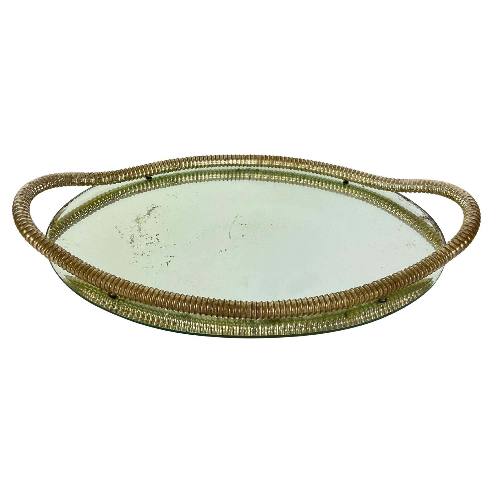 Italian Art Deco Oval Tray Brass And Mirrored Glass In The Style Of Fontana Arte