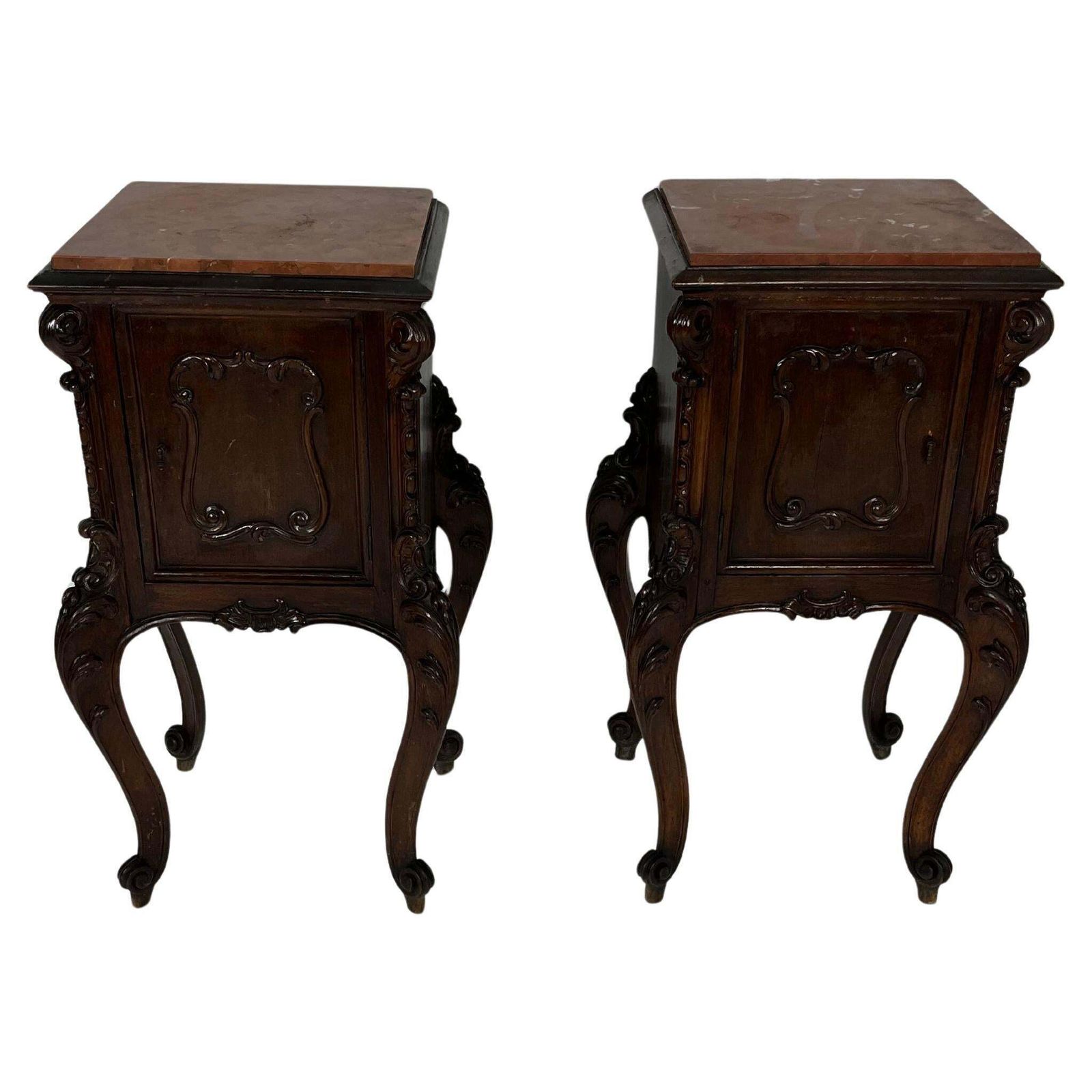 Set Of 2 French Louis XV Night Stands, Marble Top, 1930s