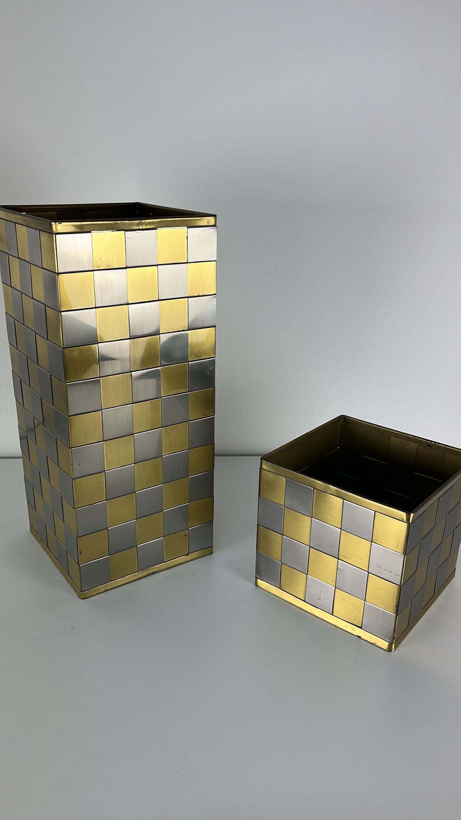 photo furniture Set Of 2 Umbrella Stands And Plant Holder Brass And Steel, Made In Italy, 1970s