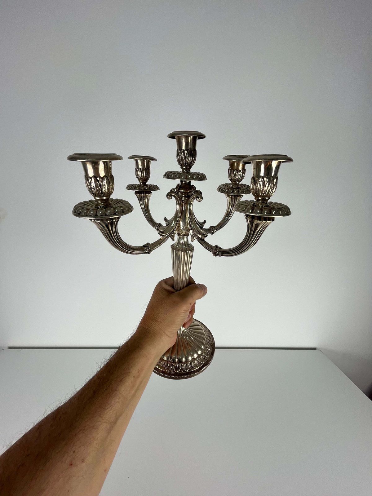 photo for sale Set Of 2 Italian Candelabras 800 Silver 5 Flame, 1980s