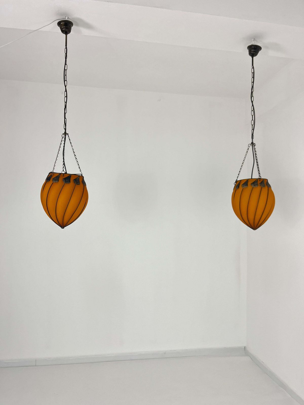 photo furniture Set Of 2 Orange Murano Glass Pendant Lamps, 1980s