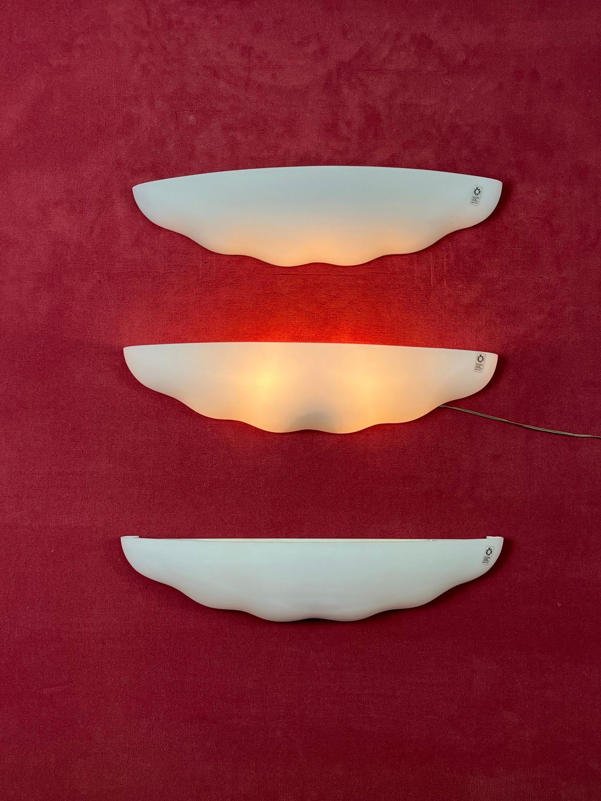 Set Of 3 Large Leucos Wall Lamps In Opaline Blown Murano Glass, 1980s photo for sale