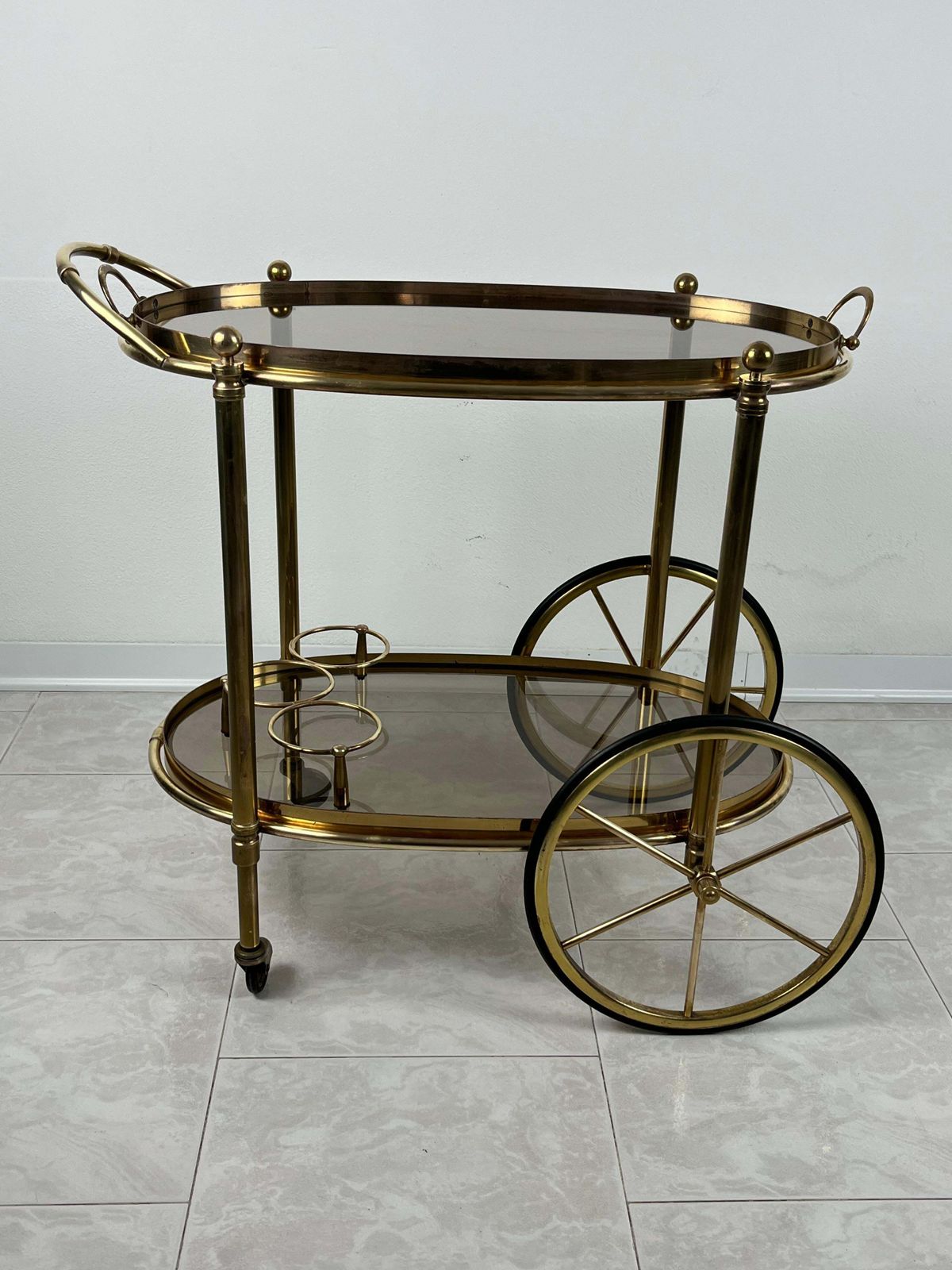 Mid Century Brass Oval Bar Trolley  With Smoked Glass Italian Design 1960s photo furniture