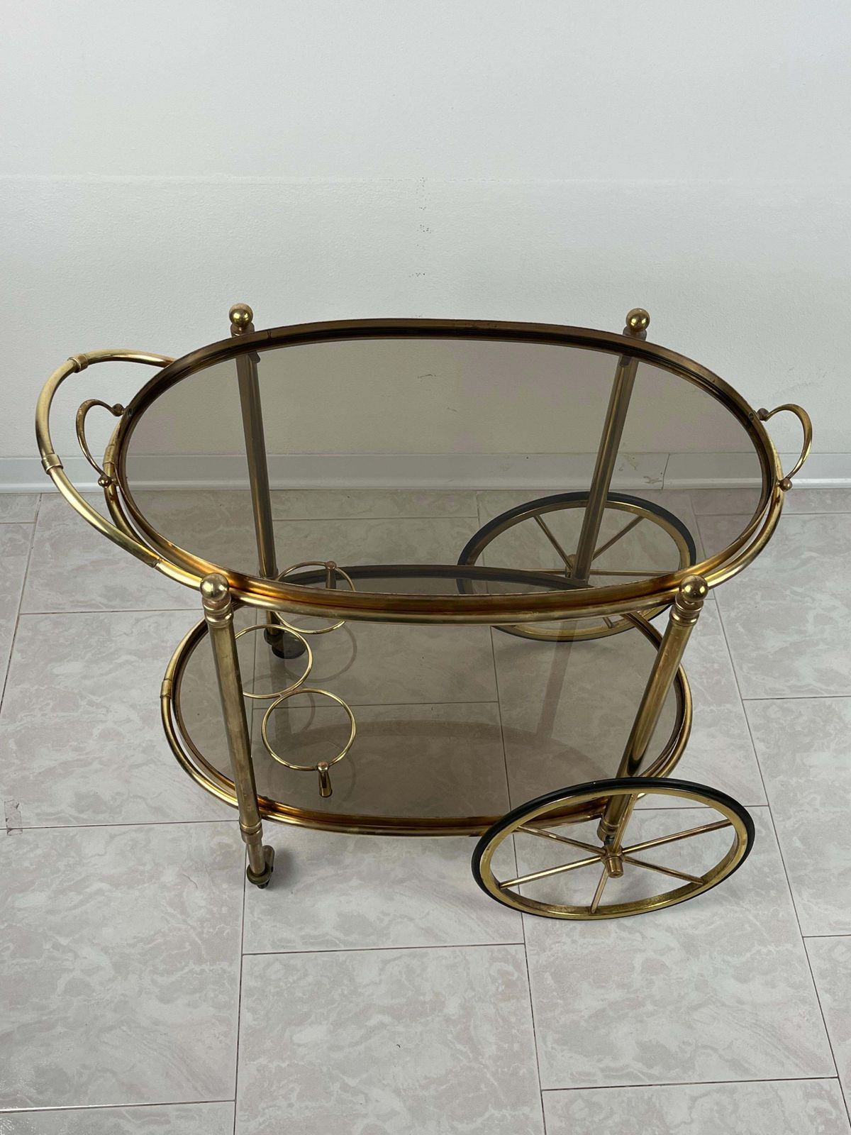 Mid Century Brass Oval Bar Trolley  With Smoked Glass Italian Design 1960s photo for sale