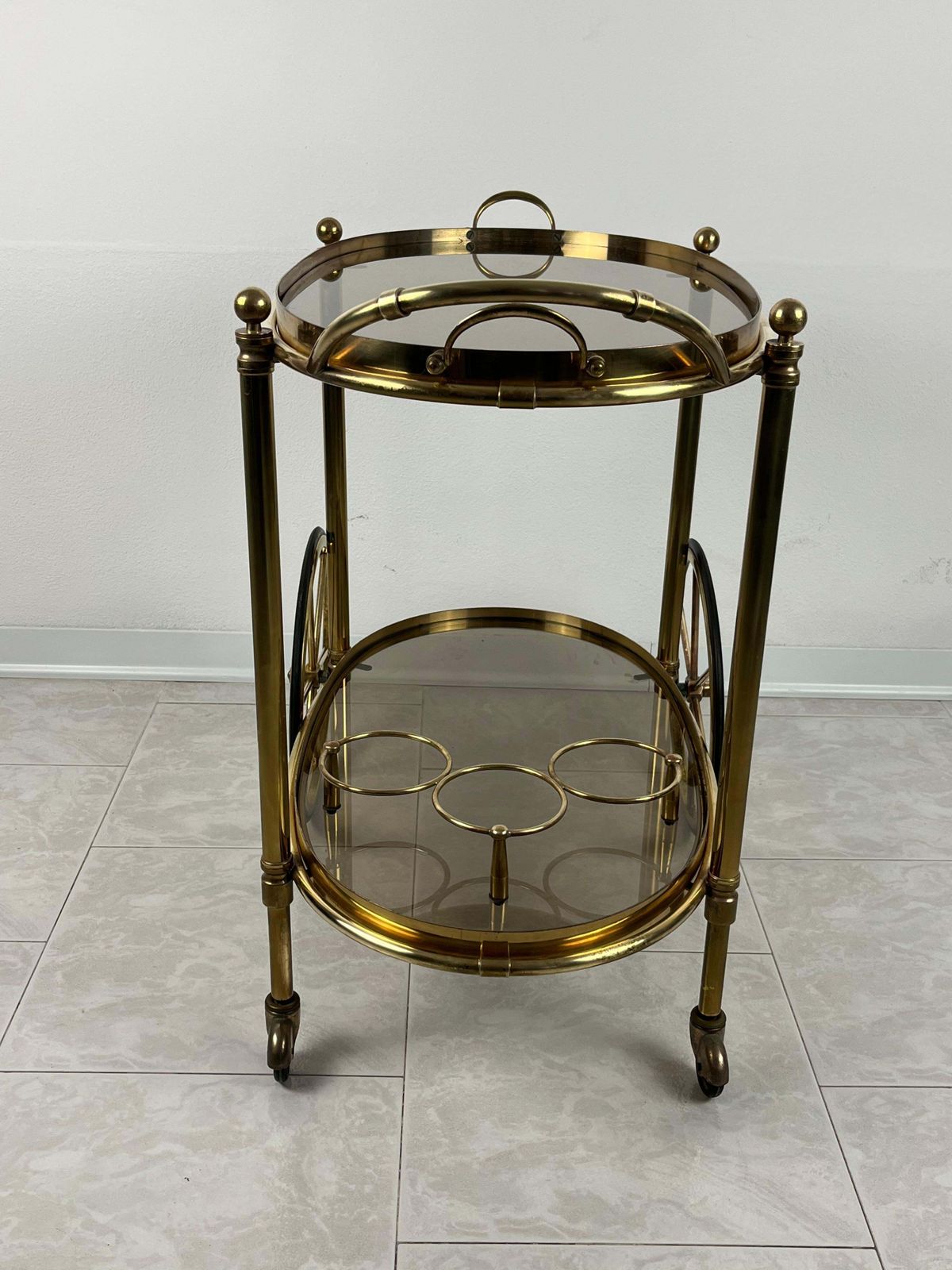 Mid Century Brass Oval Bar Trolley  With Smoked Glass Italian Design 1960s photo 2227.0