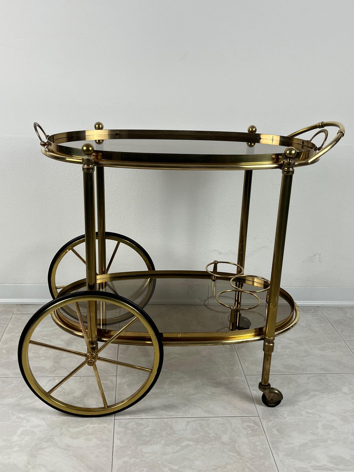 Mid Century Brass Oval Bar Trolley  With Smoked Glass Italian Design 1960s photo vinterior