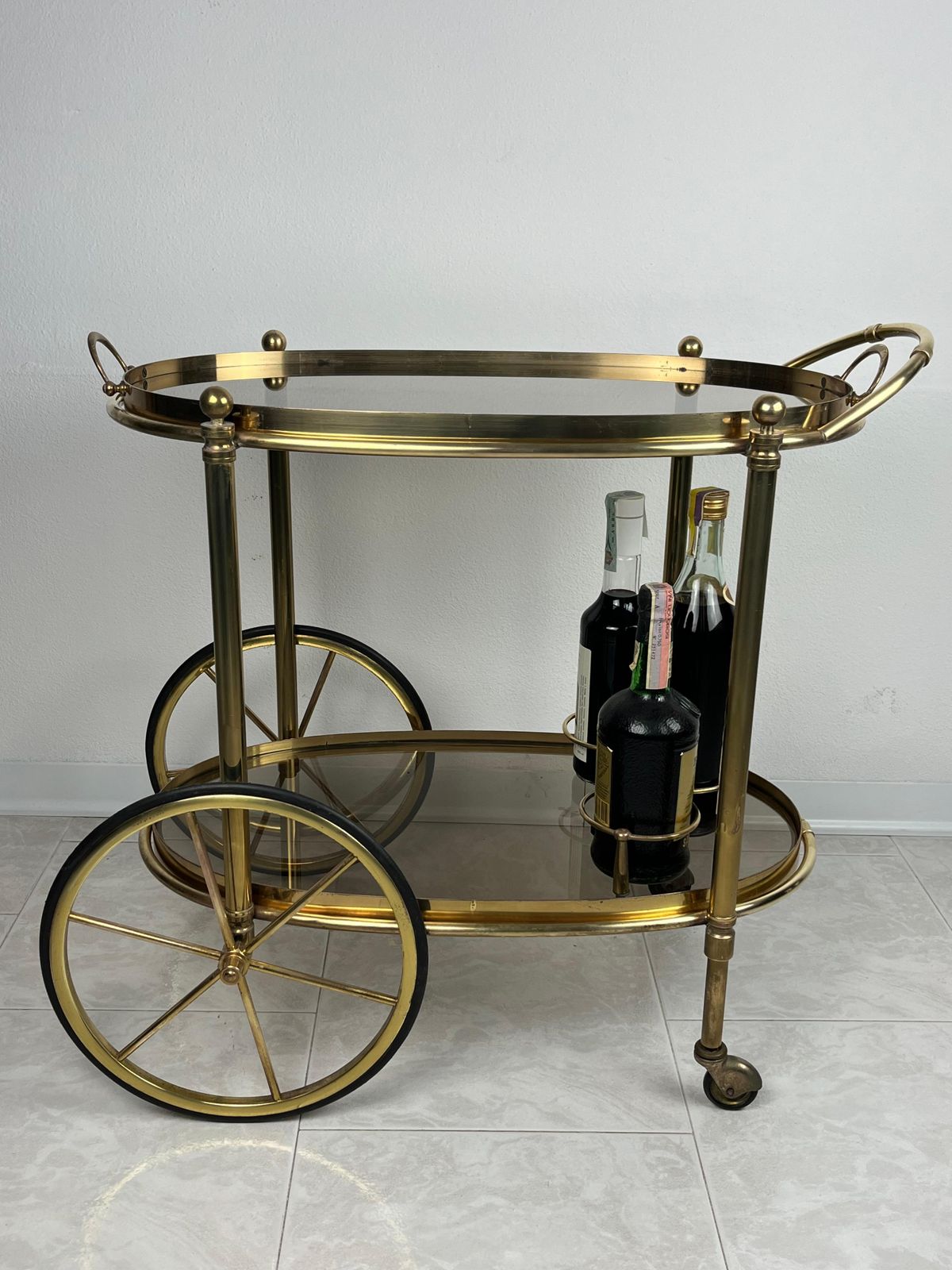 Mid Century Brass Oval Bar Trolley  With Smoked Glass Italian Design 1960s photo buy