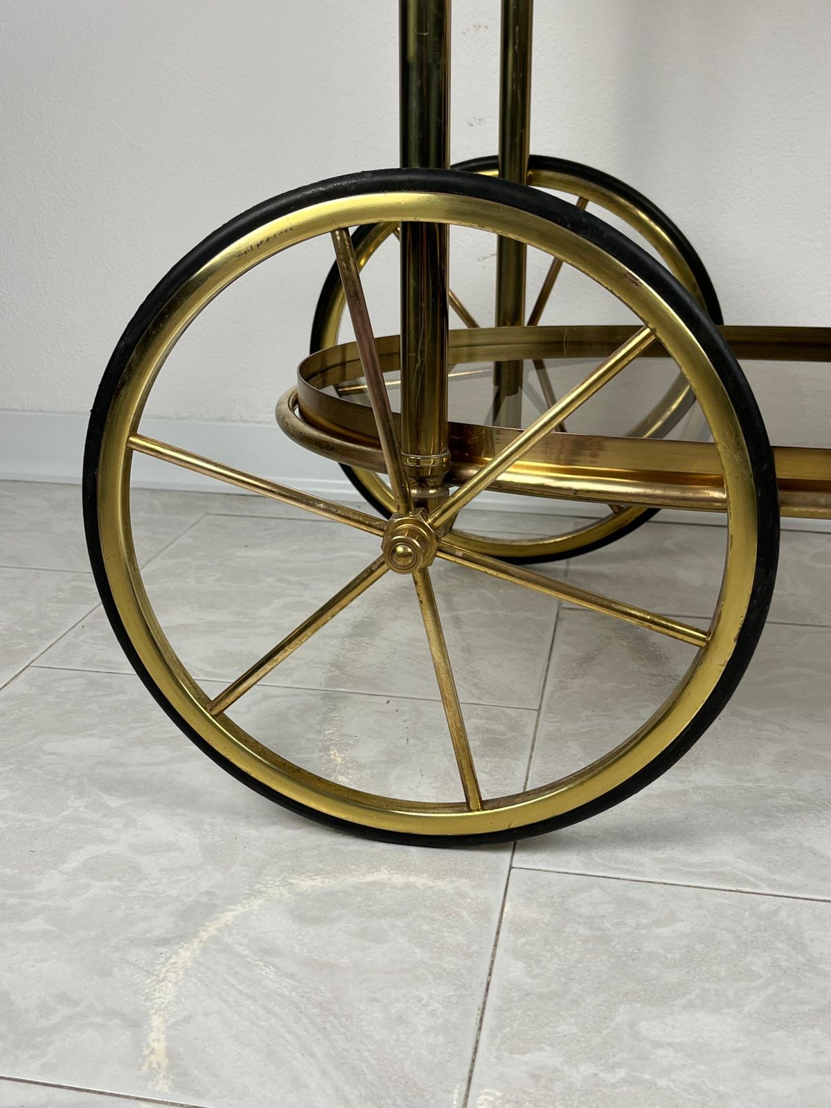 Mid Century Brass Oval Bar Trolley  With Smoked Glass Italian Design 1960s photo vintage