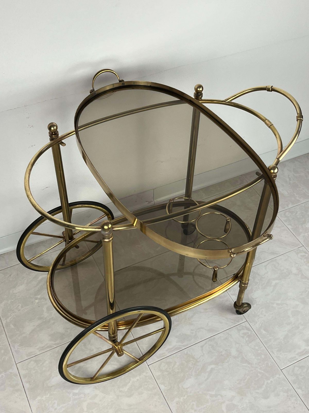 2227.0 Mid Century Brass Oval Bar Trolley  With Smoked Glass Italian Design 1960s photo