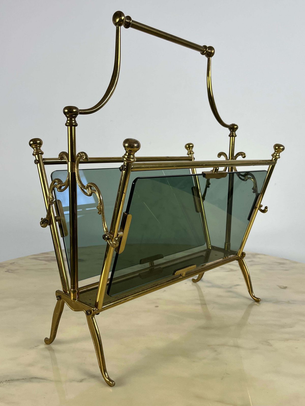 Magazine Rack In Brass And Smoked Glass, France, 1960 photo furniture