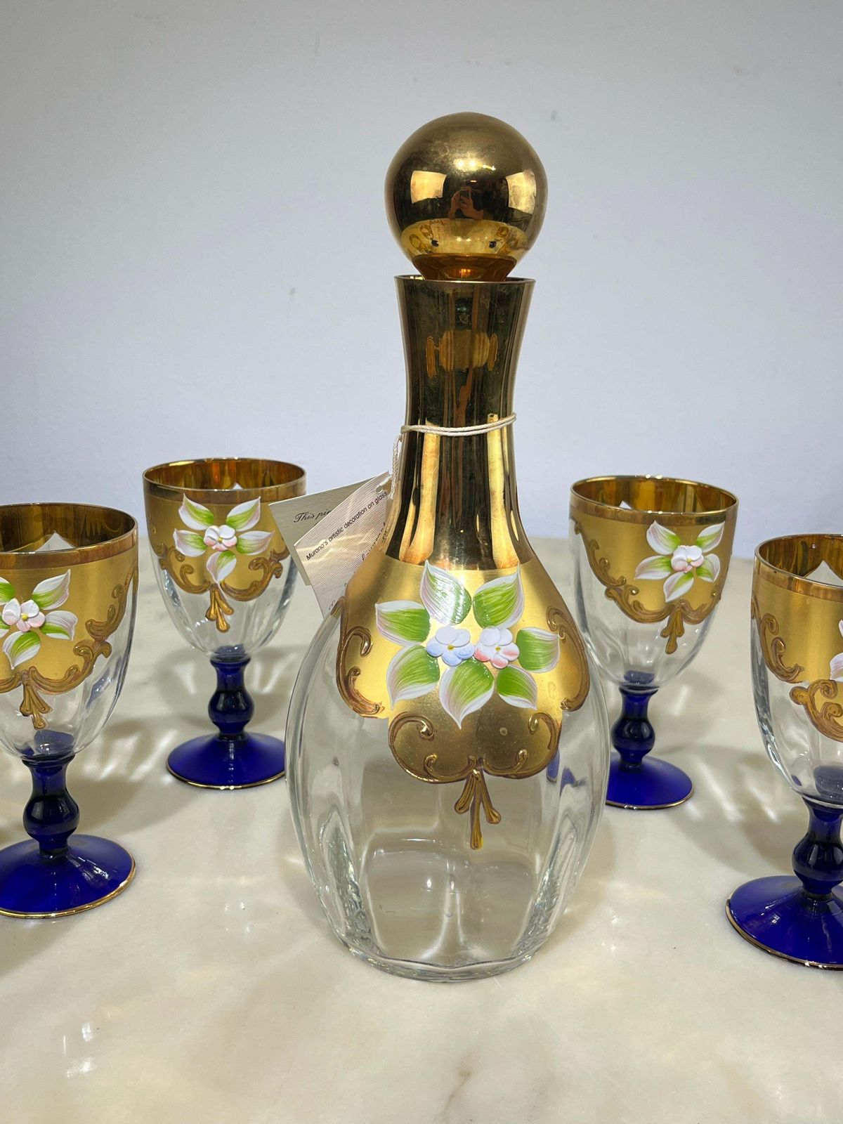 Set Of Bottle And Six Glasses In Hand Painted Murano Glass In 24 Kt Gold, 1970s photo furniture