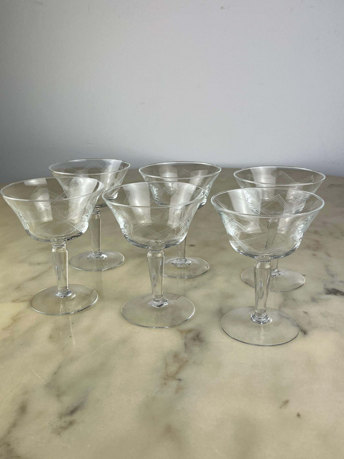 Six Hand Engraved Crystal Champagne Glasses, Italy, 1960s photo Home Decor