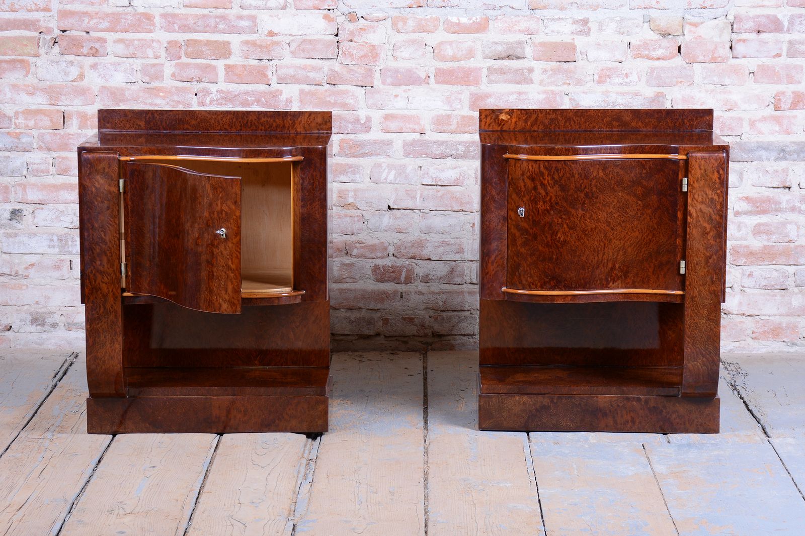 Pair Of Restored Art Deco Bedside Tables, Beech, Revived Polish, France, 1920s photo vinterior