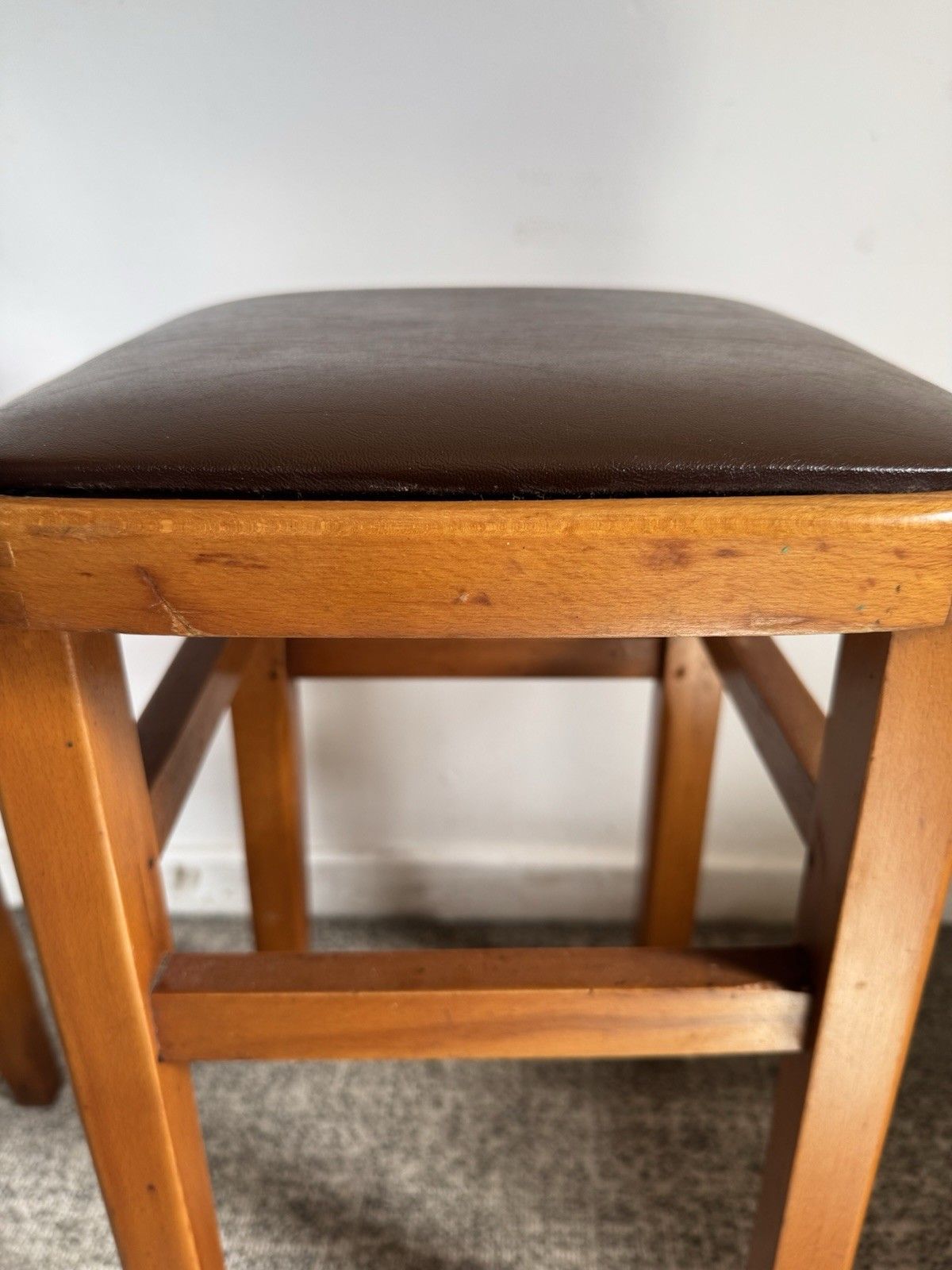 Mid Century Retro Vintage Stools Pair Wood Vinyl Brown photo for sale